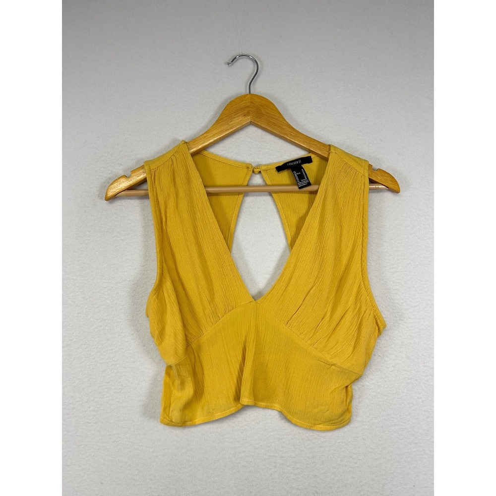 Boho Festival Forever 21 Women M Yellow Textured Deep V-Neck Open Back Crop Top